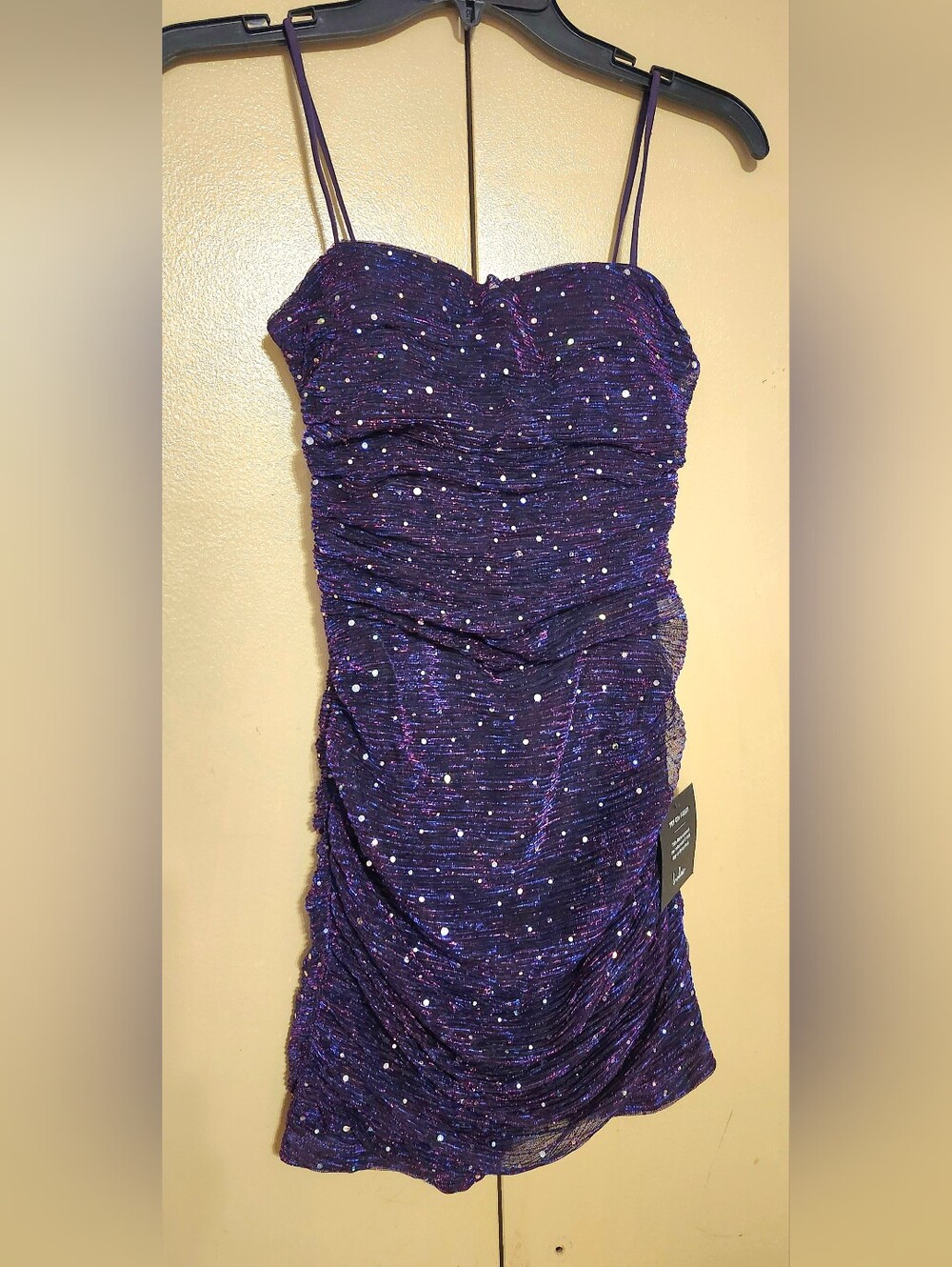 New LULU'S Flirty Vibes Purple Multi Sparkly Ruched Bodycon Mini Dress